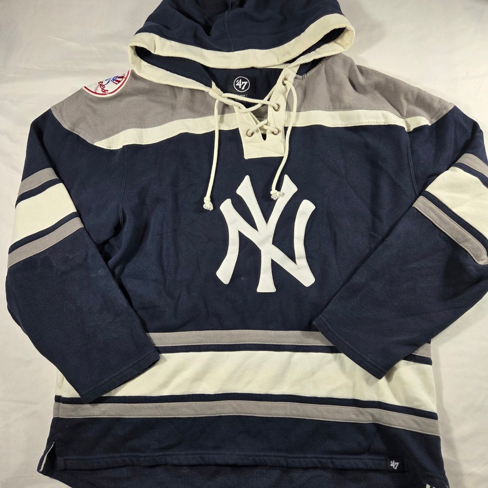 47 Brand New York Yankees Lace Up Hoodie Navy Blue Cream Mens 2XL MLB Pullover